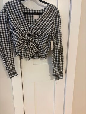 SO Black and White Gingham Tie-Front Blouse